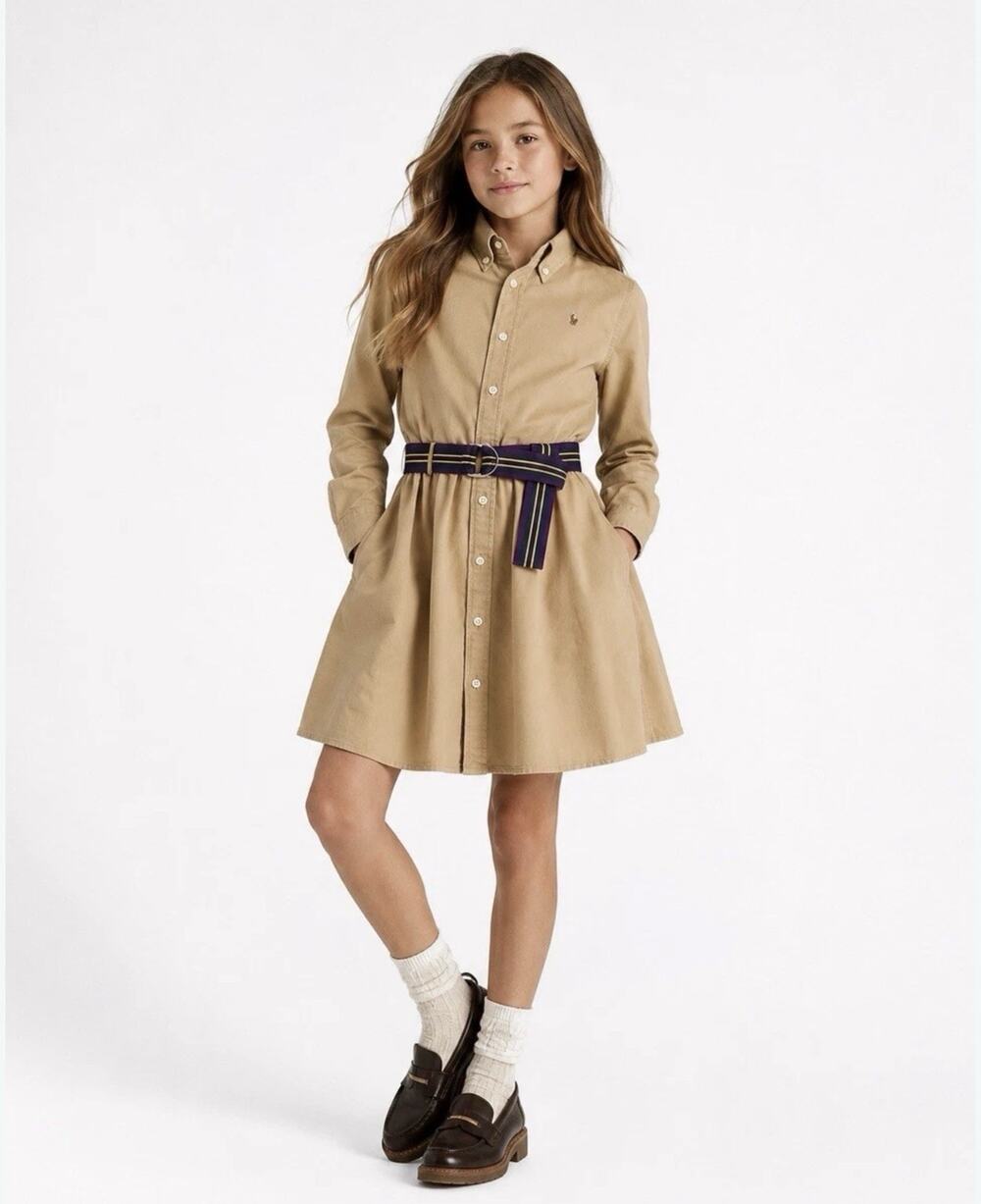 POLO RALPH LAUREN Girls Khaki Belted Cotton Chin Shirt Dress Preppy Academia 16